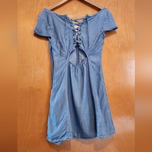American Eagle Outfitters Light Blue Denim Mini Dress with Lace-Up Back